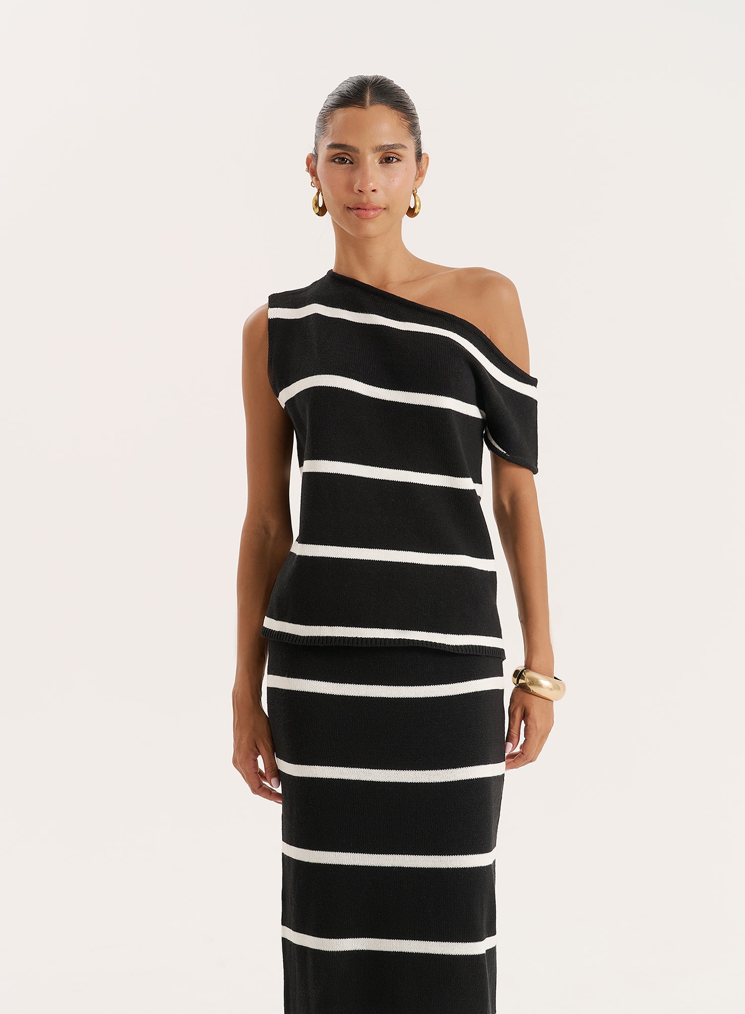 Black And White Stripe Knitted Off The Shoulder Top